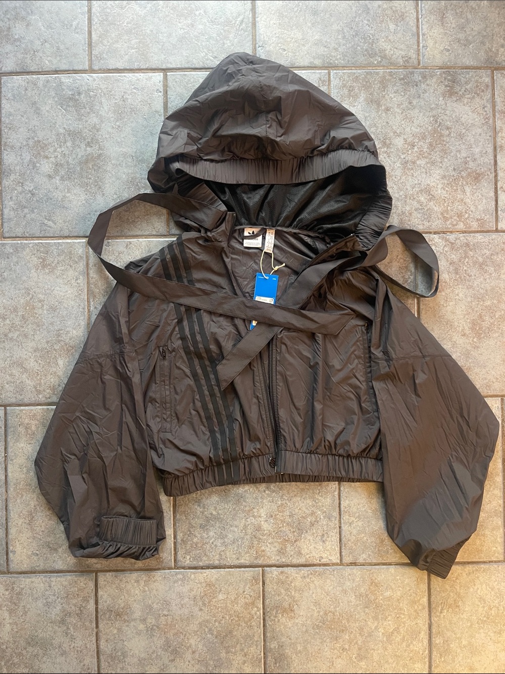 adidas Black Hooded Cropped Windbreaker Bomber Jacket